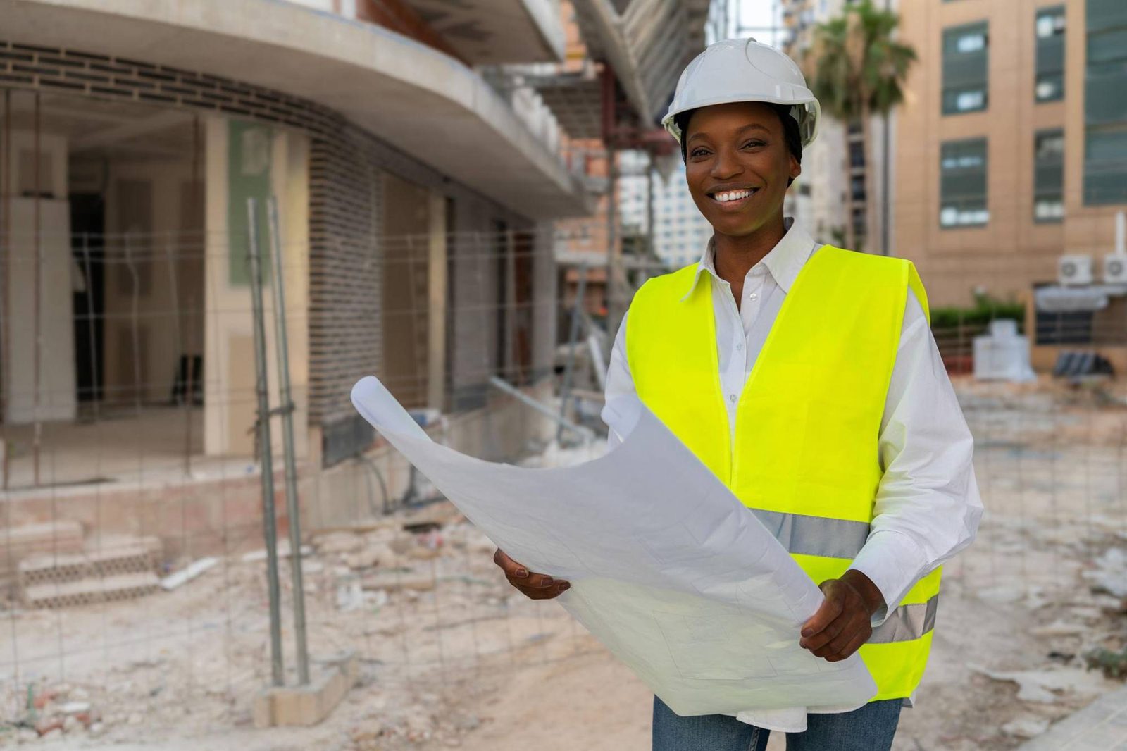 Ingeniera sonriente con casco y chaleco sosteniendo un plano en una obra